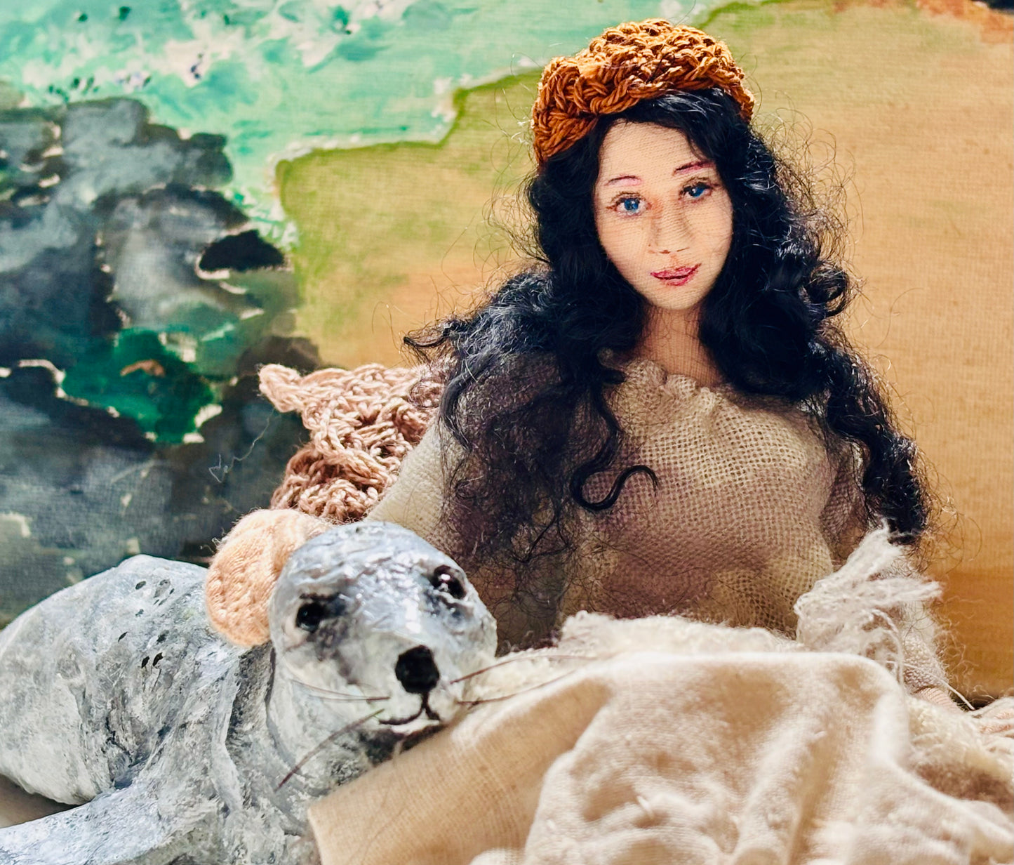Selkie, art doll and seal, mixed media art sculpture, unique gift