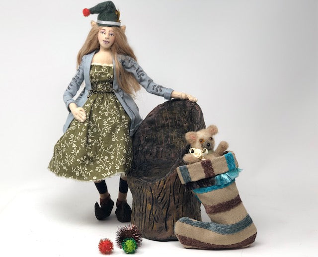Elf art doll mixed media fabric Christmas theme