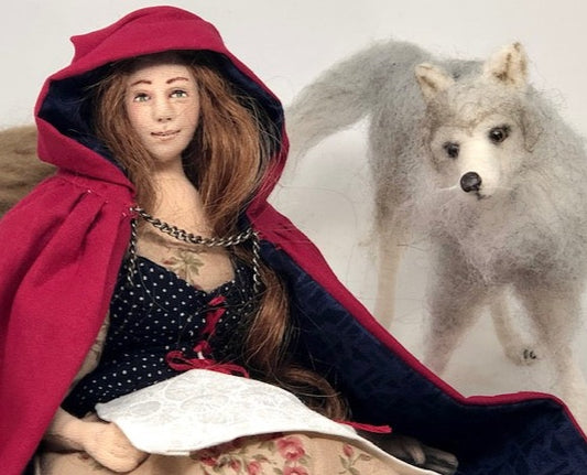 Art Doll Red Riding Hood needle felt wolf storybook theme