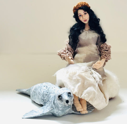 Selkie, art doll and seal, mixed media art sculpture, unique gift